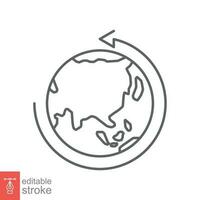 Earth globe icon. Simple outline style. Around planet with arrow. Thin line symbol. Vector illustration isolated on white background. Editable stroke EPS 10.