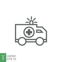 ambulancia icono, contorno emergencia auto, medicina camioneta, cuidado médico apoyo, Delgado línea web símbolo en blanco antecedentes. vector ilustración eps 10