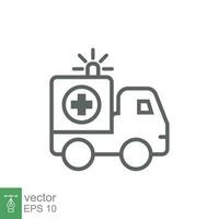 ambulancia icono, contorno emergencia auto, medicina camioneta, cuidado médico apoyo, Delgado línea web símbolo en blanco antecedentes. vector ilustración eps 10