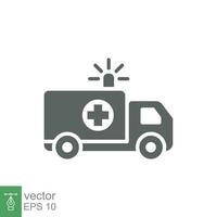 ambulancia icono, glifo emergencia auto, medicina camioneta, cuidado médico apoyo, sólido estilo web símbolo en blanco antecedentes. vector ilustración eps 10