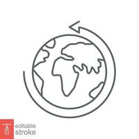 Earth globe icon. Simple outline style. Around planet with arrow. Thin line symbol. Vector illustration isolated on white background. Editable stroke EPS 10.