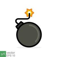 Bomb with burning wick icon. Simple flat style. Fuse, cartoon, silhouette, black, attack, fire, explosion, weapon concept. Vector illustration isolated on white background. EPS 10.