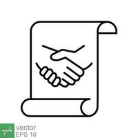 Business contract icon. Simple outline style. Handshake, partners, document, agreement, partnership, business concept. Thin line vector illustration isolated on white background. EPS 10.