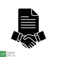 Business contract icon. Simple solid style. Handshake, partners, document, agreement, partnership, business concept. Glyph vector illustration isolated on white background. EPS 10.