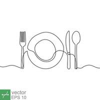 Continuous line drawing of plate, knife, and fork. Minimalism hand drawn one line art minimalist. Vector illustration isolated on white background. EPS 10.