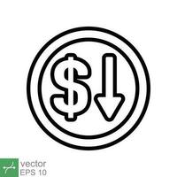 costo reducción icono. sencillo contorno estilo. dólar bajo, abajo, dinero con flecha, finanzas, inversión, negocio concepto diseño. Delgado línea vector ilustración aislado en blanco antecedentes. eps 10