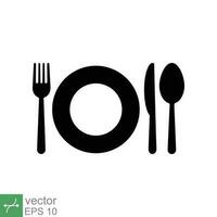 Plate, fork, knife, and spoon icon. Simple flat style. Meal, eat, lunch, dinner, dish, food, tableware, utensil  concept design. Vector illustration isolated on white background. EPS 10.