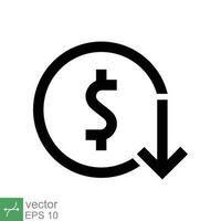 costo reducción icono. sencillo sólido estilo. dólar bajo, abajo, dinero con flecha, finanzas, inversión, negocio concepto diseño. glifo vector ilustración aislado en blanco antecedentes. eps 10