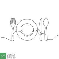 Continuous line drawing of plate, knife, and fork. Minimalism hand drawn one line art minimalist. Vector illustration isolated on white background. EPS 10.