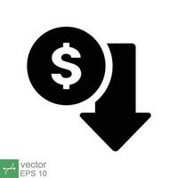 costo reducción icono. sencillo sólido estilo. dólar bajo, abajo, dinero con flecha, finanzas, inversión, negocio concepto diseño. glifo vector ilustración aislado en blanco antecedentes. eps 10