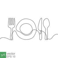 Continuous line drawing of plate, knife, and fork. Minimalism hand drawn one line art minimalist. Vector illustration isolated on white background. EPS 10.