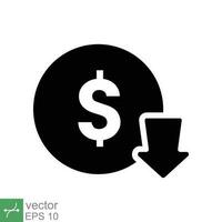 costo reducción icono. sencillo sólido estilo. dólar bajo, abajo, dinero con flecha, finanzas, inversión, negocio concepto diseño. glifo vector ilustración aislado en blanco antecedentes. eps 10