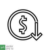 costo reducción icono. sencillo contorno estilo. dólar bajo, abajo, dinero con flecha, finanzas, inversión, negocio concepto diseño. Delgado línea vector ilustración aislado en blanco antecedentes. eps 10