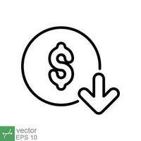 costo reducción icono. sencillo contorno estilo. dólar bajo, abajo, dinero con flecha, finanzas, inversión, negocio concepto diseño. Delgado línea vector ilustración aislado en blanco antecedentes. eps 10