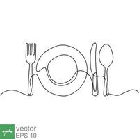 Continuous line drawing of plate, knife, and fork. Minimalism hand drawn one line art minimalist. Vector illustration isolated on white background. EPS 10.