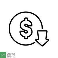 Cost reduction icon. Simple outline style. Dollar low, down, money with arrow, finance, investment, business concept design. Thin line vector illustration isolated on white background. EPS 10.