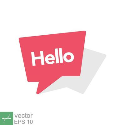 Hello text bubble, red speech message icon. Simple flat style. Chat design, cloud, vintage banner template, communication concept. Vector illustration isolated on white background. EPS 10.