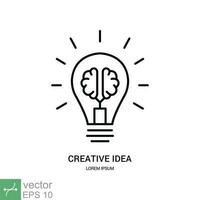 creativo idea icono. sencillo contorno estilo. cerebro en bombilla, plano firmar, mente, innovación, solución, educación concepto. Delgado línea vector ilustración aislado en blanco antecedentes. eps 10