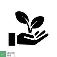 Eco friendly icon. Simple solid style. Environment protection, plant on hand, nature, leaf shoots signatures, ecology support concept. Glyph vector illustration isolated on white background. EPS 10.