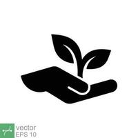 Eco friendly icon. Simple solid style. Environment protection, plant on hand, nature, leaf shoots signatures, ecology support concept. Glyph vector illustration isolated on white background. EPS 10.
