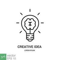 creativo idea icono. sencillo contorno estilo. cerebro en bombilla, plano firmar, mente, innovación, solución, educación concepto. Delgado línea vector ilustración aislado en blanco antecedentes. eps 10