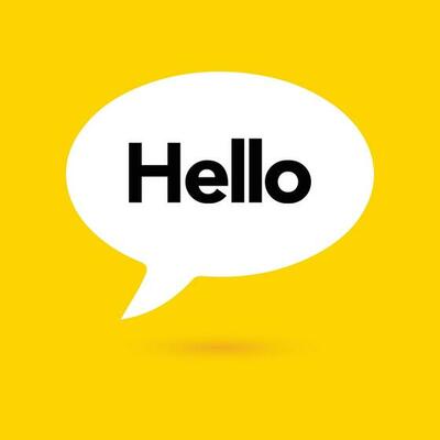 Hi, hello icon. Speech bubble, poster and sticker concept with tex, funny sign. White bubble message on bright yellow background. Vector illustration isolated design. EPS 10.