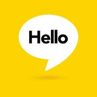 Hi, hello icon. Speech bubble, poster and sticker concept with tex, funny sign. White bubble message on bright yellow background. Vector illustration isolated design. EPS 10.