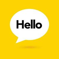 Hi, hello icon. Speech bubble, poster and sticker concept with tex, funny sign. White bubble message on bright yellow background. Vector illustration isolated design. EPS 10.