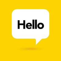 Hi, hello icon. Speech bubble, poster and sticker concept with tex, funny sign. White bubble message on bright yellow background. Vector illustration isolated design. EPS 10.