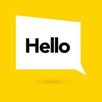 Hi, hello icon. Speech bubble, poster and sticker concept with tex, funny sign. White bubble message on bright yellow background. Vector illustration isolated design. EPS 10.