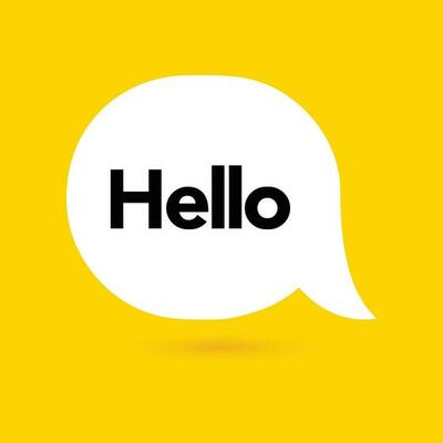 Hi, hello icon. Speech bubble, poster and sticker concept with tex, funny sign. White bubble message on bright yellow background. Vector illustration isolated design. EPS 10.