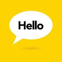 Hi, hello icon. Speech bubble, poster and sticker concept with tex, funny sign. White bubble message on bright yellow background. Vector illustration isolated design. EPS 10.