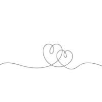 Continuous line drawing of love sign with two hearts embrace minimalism design on white background. Hand sketch art, relationship icon, romance concept. Vector EPS 10.