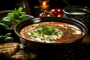 A delicious tomato soup food in a bowl. Winter food and healthy protein soup meal concept by AI Generated photo