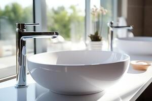 Modern public bathroom with row of white ceramic wash sink basins and faucet with mirror in restroom concept by photo