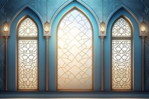 Eid mubarak and ramadan kareem greetings with islamic lantern and mosque. Eid al fitr background. Eid al fitr background of window concept by photo