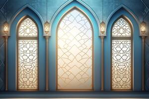 Eid mubarak and ramadan kareem greetings with islamic lantern and mosque. Eid al fitr background. Eid al fitr background of window concept by AI Generated photo