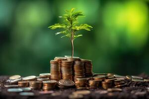 Business growth with a growing tree on a coin. Showing financial developments. Financial planning concept by AI Generated photo