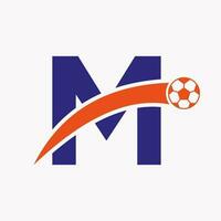 Football Logo On Letter M With Moving Football Icon. Soccer Logo Template vector