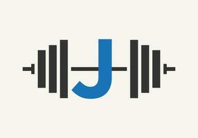 Letter J Fitness Logo Design. Gym And Fitness Club Symbol With Barbell Icon Template vector