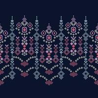 Ethnic geometric fabric pattern Cross Stitch.Ikat embroidery Ethnic oriental Pixel pattern navy blue background. Abstract,vector,illustration. Texture,clothing,frame,decoration,motifs,silk wallpaper. vector