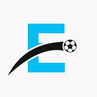 Football Logo On Letter E With Moving Football Icon. Soccer Logo Template vector