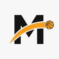 Basketball Logo On Letter M With Moving Basketball Icon. Basket Ball Logotype Symbol vector