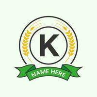 Agriculture Logo On Letter K Concept. Agro Farming Logotype for Bakery, Bread, Cake, Cafe, Pastry Identity vector