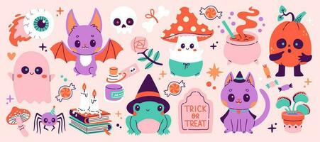 Happy Halloween stickers. Vector cute set of different mascots pumpkin head, black cat, skeleton, ghost, eyes, bat, frog, spider in trendy colors for postcard, flyer, banner