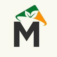 Agriculture Logo On Letter M Concept With Farmer Hat Icon. Farming Logotype Template vector