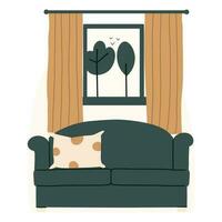 Scandinavian style room interior design. Sofa and window. Vector illustration