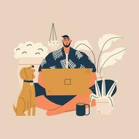 A man works remotely and his beloved pet sits next to him. The guy is working on a laptop, and the dog is watching him. Vector illustration in hand drawn style