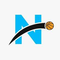 Basketball Logo On Letter N With Moving Basketball Icon. Basket Ball Logotype Symbol vector