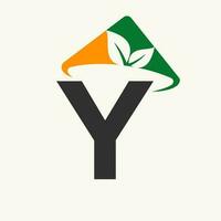 Agriculture Logo On Letter Y Concept With Farmer Hat Icon. Farming Logotype Template vector